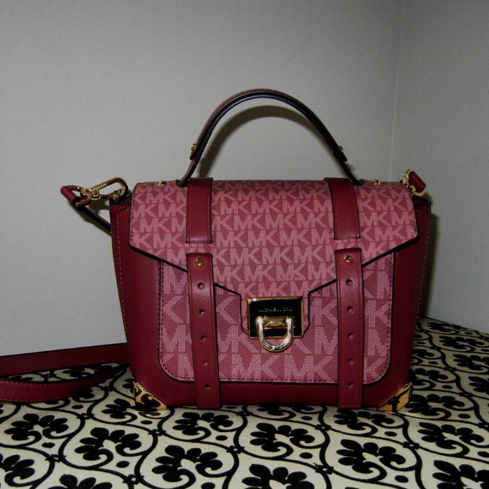 NWT Michael Kors MK Signature Med Manhattan School Leather Satchel, Multi Berry